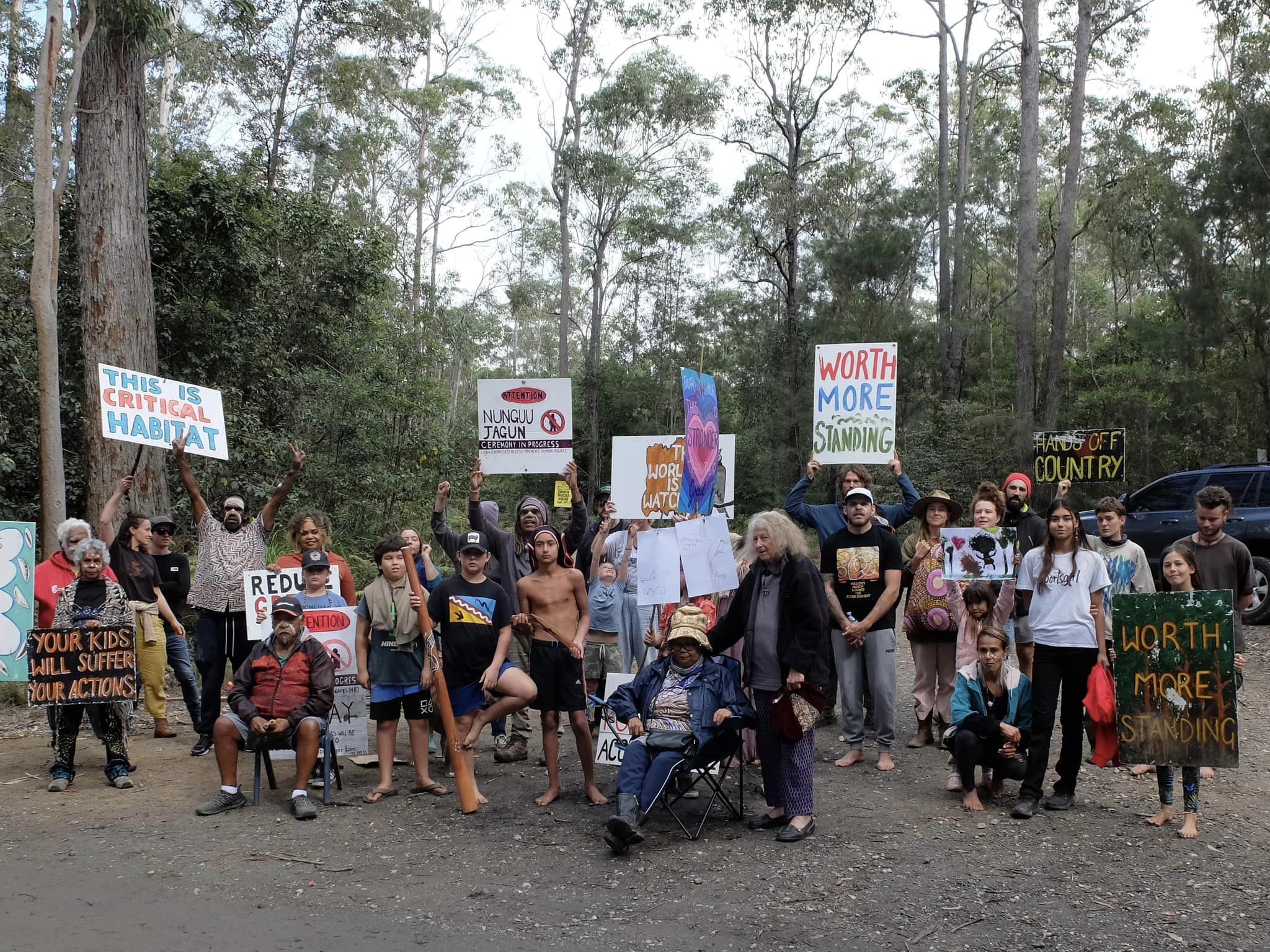 Protesters in a forest, holding up signs.
